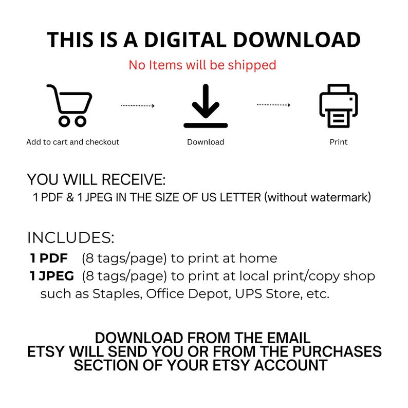 Puede incluir: Fondo blanco con texto e iconos negros. El texto dice "THIS IS A DIGITAL DOWNLOAD" y explica el proceso de descarga: a&ntilde;adir al carrito, descargar e imprimir. Incluye 1 archivo PDF y 1 archivo JPEG en tama&ntilde;o US Letter.