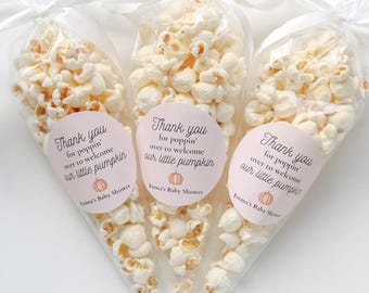 Pumpkin Baby Shower Popcorn Favors – "Thanks for Poppin’ By" Stickers – Personalized Fall Baby Shower Treat Bags