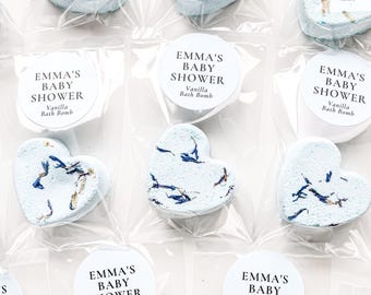 Blue Vanilla Heart Bath Bomb Favors with Custom Labels, Bridal Shower, Baby Shower & Wedding Party Favors, Baby Boy Shower Favors