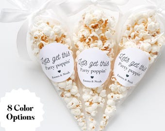 Let's Get This Party Poppin Popcorn Wedding Favors, Popcorn Wedding Favor Bags with Personalized Stickers, Popcorn Favors