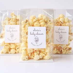 Popcorn Favor Labels and Bags, Baby Shower Favors, Popcorn Baby Shower Favors, Ready To Pop Stickers, Personalized Favor Label Baby Shower