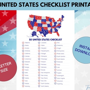 May include: Printable checklist of all 50 US states with a map of the United States where each state is filled in with the state name. The checklist is in a red, white, and blue color scheme with stars.