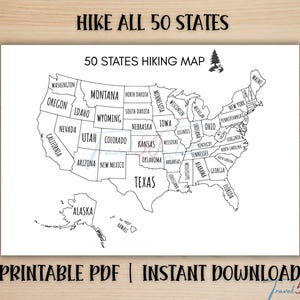 May include: A white paper map of the United States featuring black outlines of all 50 states with their names printed inside. The text HIKE ALL 50 STATES appears at the top, and 50 STATES HIKING MAP is printed above the map with a small tree icon.