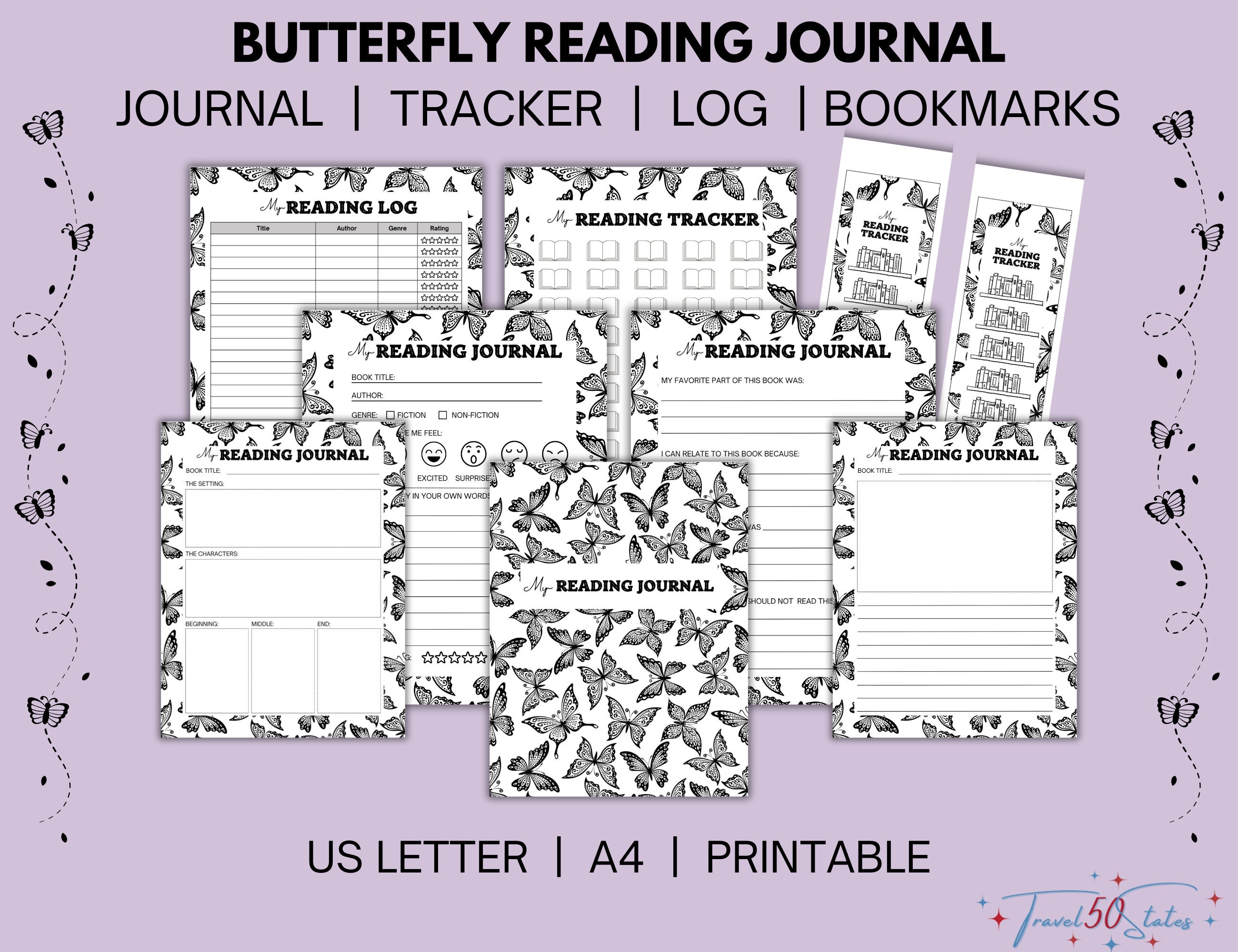 Butterfly Reading Journal Printable Bundle Book Log, Reading Tracker