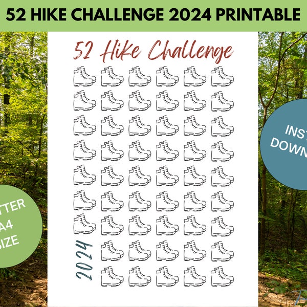 52 Hike Challenge Printable | One Hike Per Week Tracker | Fitness Goals 2024 | Instant Download | US Letter and A4