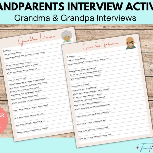 Interview Questions for Grandparents | Grandparents Day, Mother's Day, Father's Day, Family Tree, Legacy| US Letter and A4