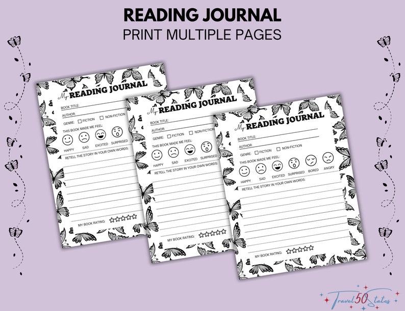 Butterfly Reading Journal Printable Bundle Book Log, Reading Tracker