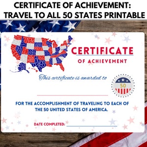 Traveled to all 50 States Certificate of Achievement, 50 States Club, States Traveled Award, Printable Certificate, Travel Goal