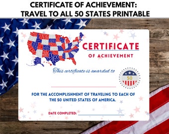 Traveled to all 50 States Certificate of Achievement, 50 States Club, States Traveled Award, Printable Certificate, Travel Goal