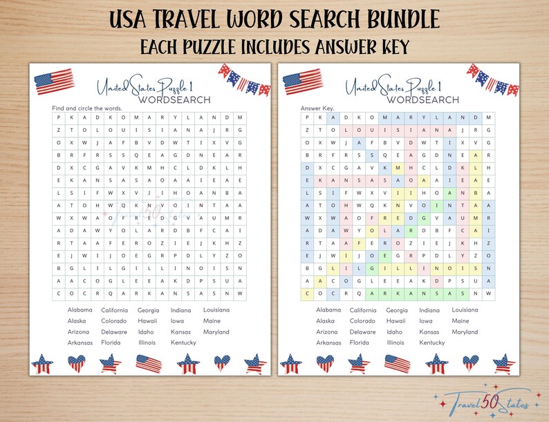 USA Travel Word Search Bundle, Printable Puzzles for United States ...