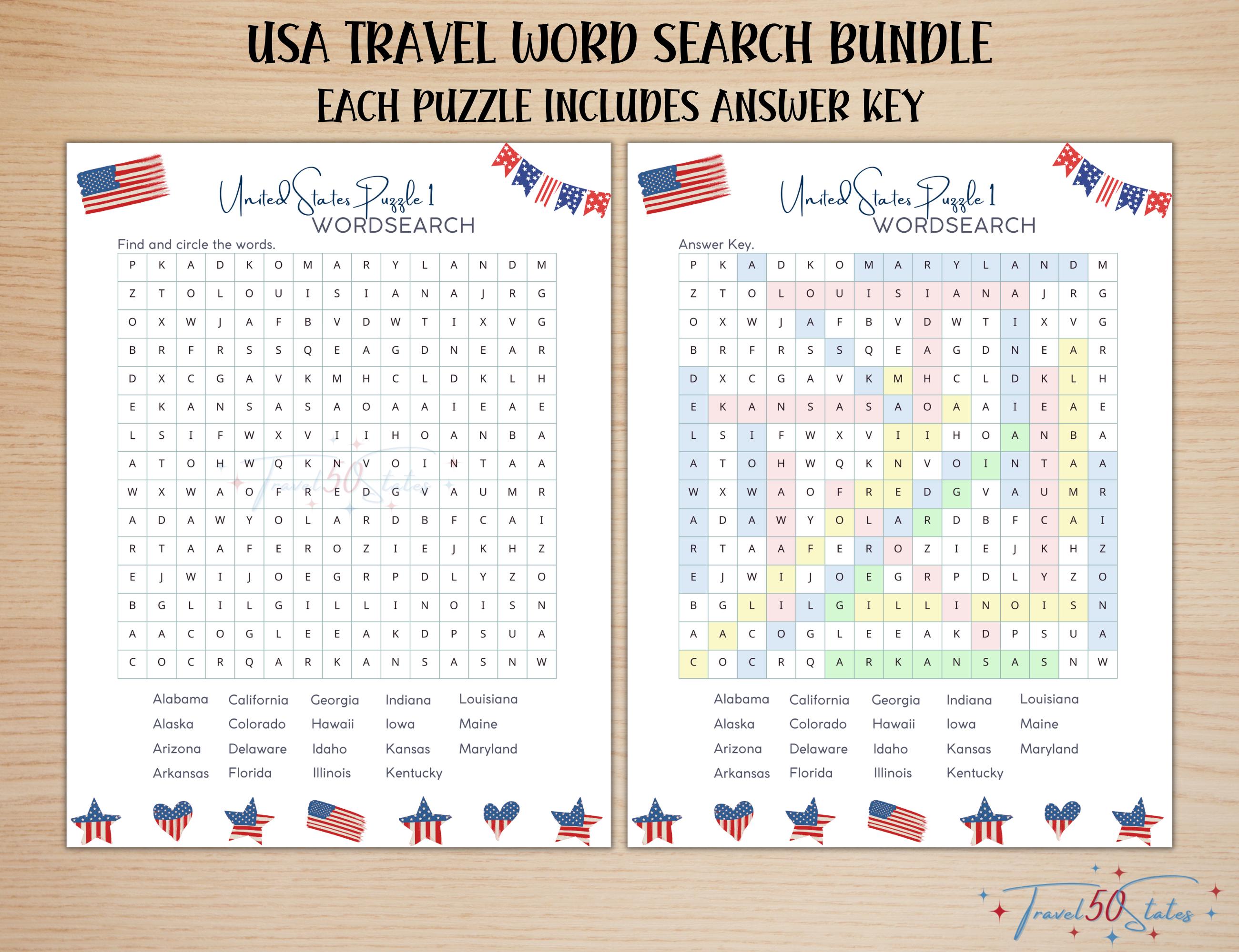 USA Travel Word Search Bundle, Printable Puzzles for United States ...