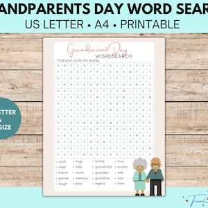 Juego de búsqueda de palabras del día de los abuelos imprimible, actividad familiar para nietos y abuelos, tamaño carta de EE. UU. y A4, descarga instantánea