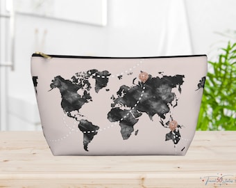 World Map Cosmetic Bag: Pink & Black Travel Toiletry Pouch