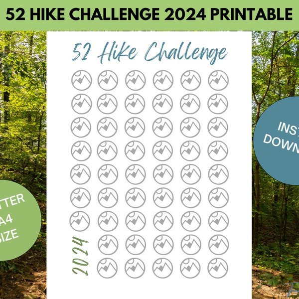 52 Hike Challenge 2024 | Fitness Printable | One Hike Per Week Tracker | Hiking Log | Instant Download | US Letter and A4