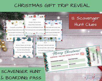 Peut inclure: Un jeu de chasse au trésor de Noël avec 12 indices imprimés sur des cartes colorées. Le jeu comprend une carte d'embarquement avec le texte "Joyeux Noël ! Surprise ! Vous partez en voyage !"