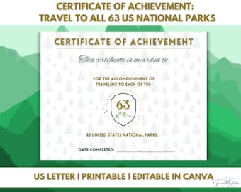 US National Parks Certificate: Travel Award, Bucket List Achievement (Canva Editable, Digital Download)