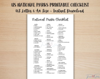 Afdrukbare checklist nationale parken VS, alle 63 nationale parken van de Verenigde Staten bucketlist, minimalistische nationale parken-tracker