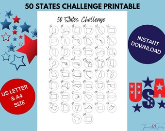 50 States Challenge, Travel all 50 States Printable, USA Travel Tracker, Fifty States Journal Log | Instant Download | US Letter & A4