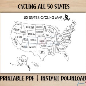 May include: A white paper map of the United States featuring black outlines of all 50 states with their names printed inside. The top text reads CYCLING ALL 50 STATES and 50 STATES CYCLING MAP with a small black icon of a person riding a bicycle.