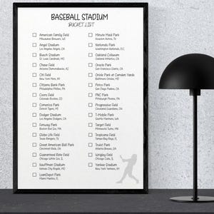 May include: A framed print with a baseball stadium bucket list. The black and white print features a list of baseball stadiums with check boxes. A black lamp with a dome-shaped shade is to the right of the print.