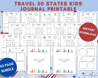 Travel the 50 United States Kids Journal Printable Bundle, Kids Travel Journal | USA Trip Diary | US Letter | Instant Download