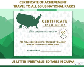 US National Parks Certificate: Travel Achievement Gift (Canva Editable, Printable PDF)