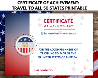 Traveled to All 50 States Certificate of Achievement , Fifty States Club, States Traveled Award, Printable Certificate, Travel Goal