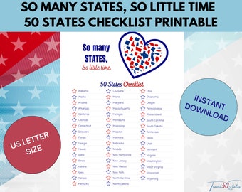 50 United States Checklist, So Many States So Little Time, USA Travel Tracker, Fifty States Heart Printable, See America