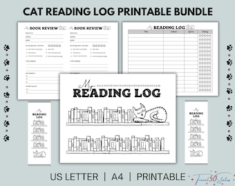 Cat Reading Log Printable, Book Review, Reading Tracker, US Letter and A4 Size, Instant Download