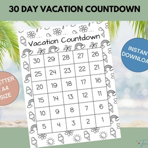 30 Day Countdown to Vacation | Trip Tracker  | Kids Coloring Countdown Calendar