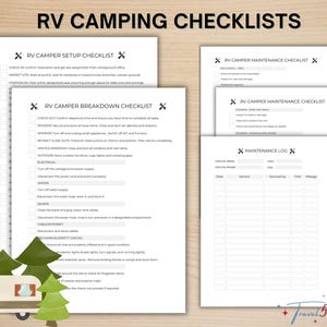 Könnte beinhalten: Ein Set aus weißen RV-Camping-Checklisten mit schwarzem Text und Schraubenschlüssel-Symbolen. Die Dokumente umfassen eine Checkliste für Aufbau, Abbau, Wartung sowie ein Wartungsprotokoll zur Dokumentation der verschiedenen Fahrzeugaufgaben.