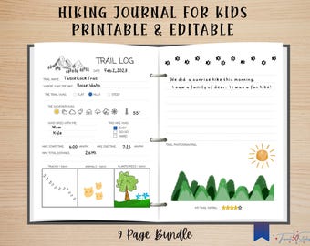 Kids Hiking Journal Printable- Trail Tracker, Hike Log, 9 Pages, PDF and Editable in Canva