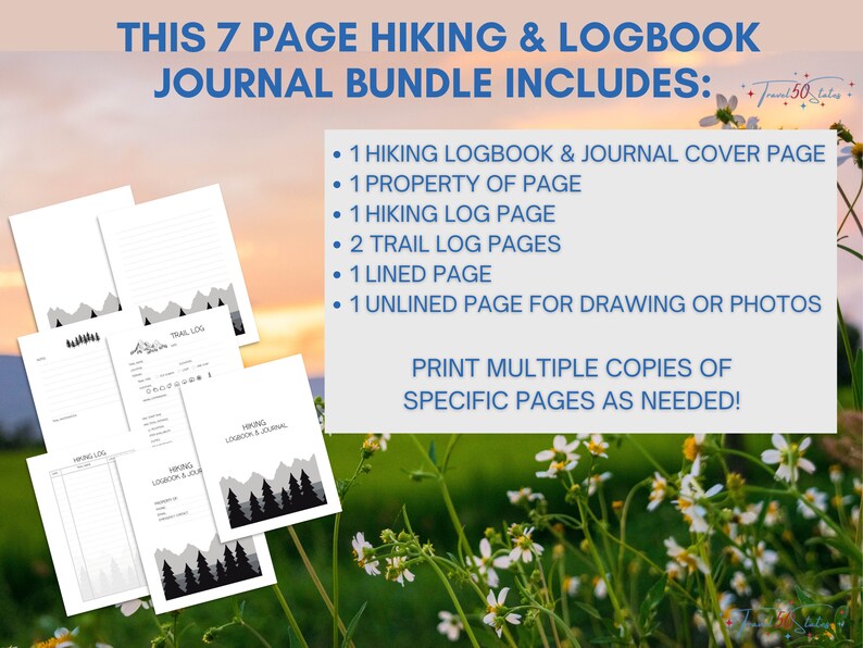 Hiking Logbook & Journal Printable Bundle Keepsake Journal Gift for
