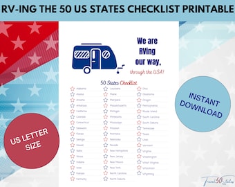 RVing our Way Through the USA, 50 United States Checklist, Camper Van RV Tracker, USA Travel , Fifty States Camping Printable, Road Trip