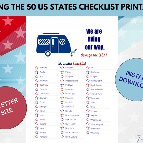 RVing our Way Through the USA, 50 United States Checklist, Camper Van RV Tracker, USA Travel , Fifty States Camping Printable, Road Trip