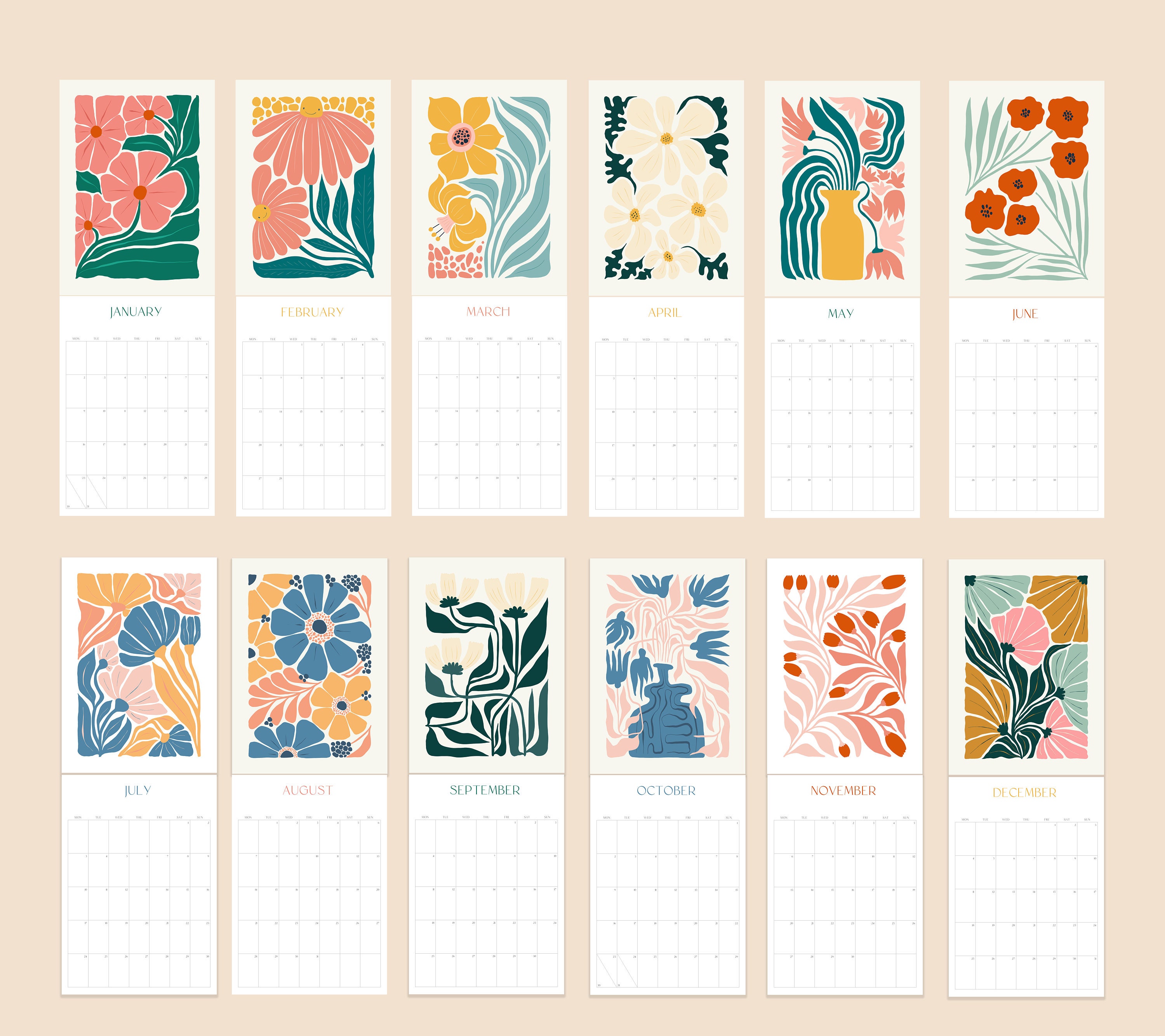 2025 Wall Calendar Abstract Art Wall Calendar Bright Flower Calendar