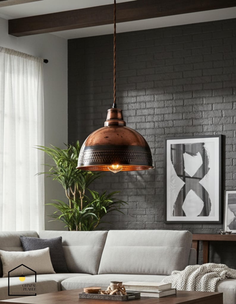 Hammered Copper Dome Pendant Light, Antique Brass Hanging Lamp ...