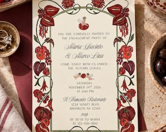 Invitación a la cosecha italiana: Tomates, pimientos picantes y anturios de color rojo intenso en acuarela (Descarga digital)