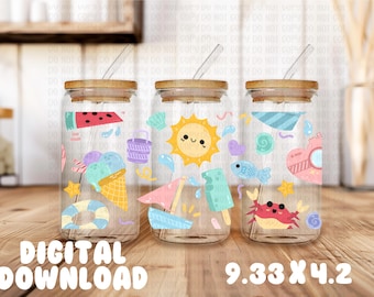 Summer Cup Wrap PNG: 16oz Libbey Glass Can Design (Digital Download
