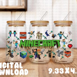 Pixel Craft Cup Wrap PNG • Mine People Design • 16oz Libbey Glass Can Wrap • UV DTF or Sublimation • Instant Digital Download