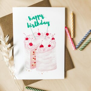 de gâteau de joyeux anniversaire | carte rose de gâteau aux cerises | Carte de voeux douce d'anniversaire de nourriture délicieuse | Carte pour les amateurs de gâteaux