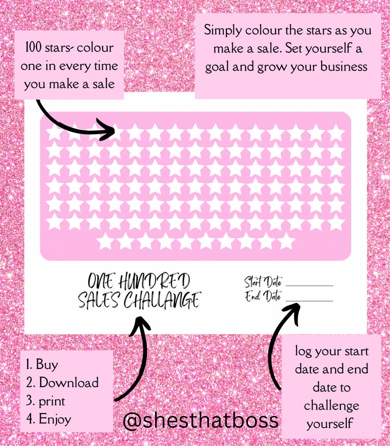 100 Sales Challenge Stars, Printable 100 Challenge. Colour in Tracker, Business Sales Tracker