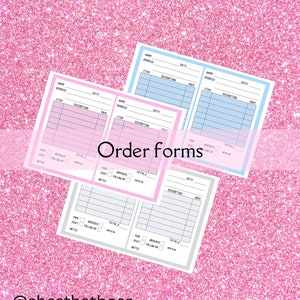 Puede incluir: Cuatro formularios de pedido en rosa, azul y gris, sobre un fondo rosa brillante. Cada formulario tiene secciones para nombre, dirección, fecha, artículo, descripción y precio. El texto "Order forms" está en el centro. La parte inferior de la imagen tiene el texto "@shesthatboss".