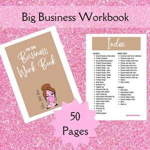 Puede incluir: Un cuaderno de trabajo marrón y beige con el título "The Big Business Work Book" y una ilustración de dibujos animados de una mujer soplando una burbuja. El cuaderno de trabajo tiene 50 páginas e incluye un índice con secciones para negocios, formularios de pedido y finanzas. El índice enumera varios temas como información general de negocios, inventario de productos, planificador de ideas de nuevos productos, formulario de pedido del cliente, rastreador de facturas, rastreador de suscripciones, y más.
