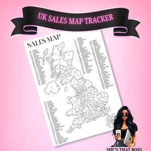 May include: A UK Sales Map Tracker featuring a black banner with pink text at the top. The central white document displays a map of the United Kingdom divided into regions with corresponding codes and city names. A cartoon illustration of a person with long black hair and sunglasses holding a coffee cup and laptop is at the bottom right, with the text SHE'S THAT BOSS below.