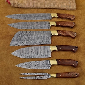 Juego de cuchillos de chef hechos a mano personalizados de 6 piezas - Cuchillo de chef de acero de Damasco