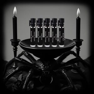 May include: Six small black glass bottles with silver caps, each labeled with a different name and the words "Darker Things". The bottles are arranged in a circle on a black plate, which is sitting on top of a black spider figurine.