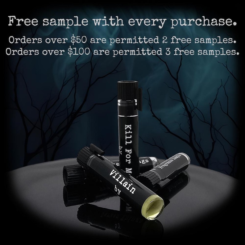 May include: Small black fragrance sample vials with black caps. The labels feature white text reading 'Villain by' and 'Kill For Me'. The vials are arranged in a cluster, with one standing upright and others lying horizontally, revealing a pale yellow liquid.