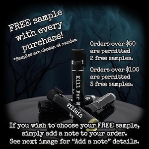 May include: Black perfume vials with the text "Kill For M" and "Villain by". The image includes text that says "FREE sample with every purchase!" and details about free samples with orders over &pound;50 and &pound;100.