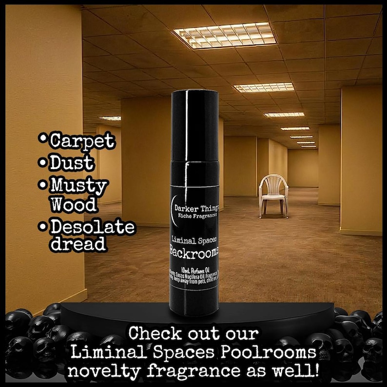 May include: A black 10ml perfume oil bottle labeled Darker Things Niche Fragrances Liminal Spaces Backrooms. The label lists ingredients and volume. The bottle is centered against a background of a yellow-walled room with carpet and a chair.